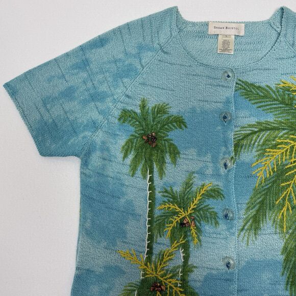 Vintage Susan Bristol Y2K Sz L Palm Tree Embroidered Beaded Cardigan - Picture 4 of 15